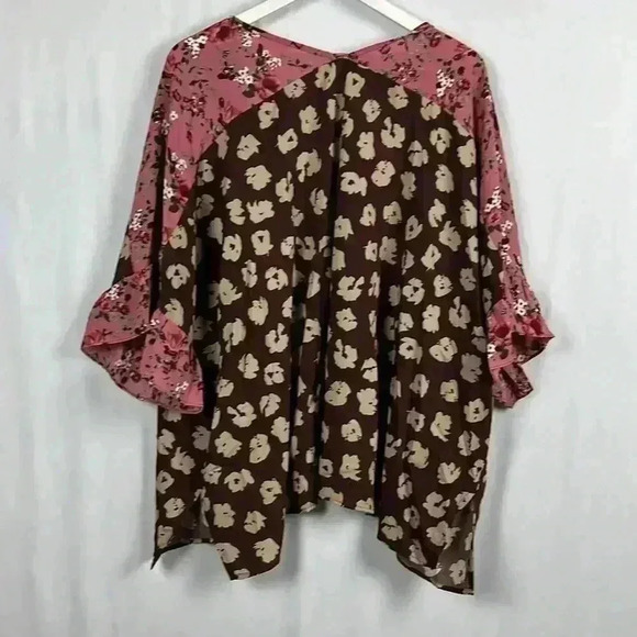 ODDY Kimono Long Bell Sleeve Open Front Peplum Cuff Multi Pattern Browns S - Picture 2 of 9